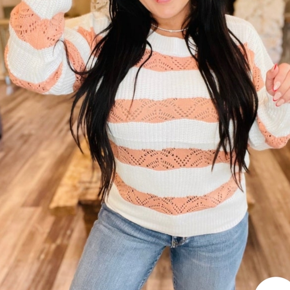 Knit Lace Peach & White Striped Sweater XL